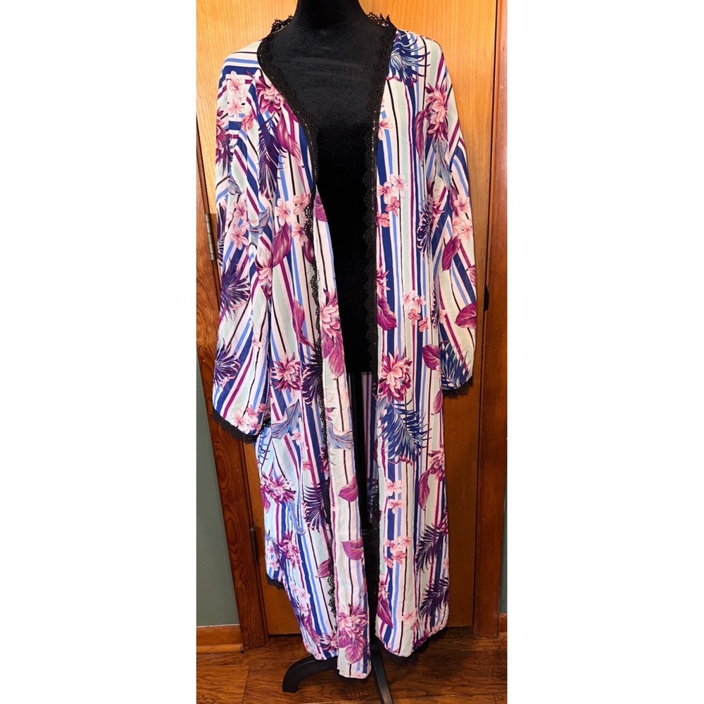 Lularoe Shirley Kimono Duster XL Floral Stripe Lace Trim Swimsuit Beach Cover Up